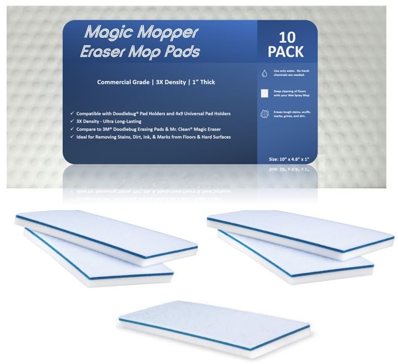 Eraser 10 Pack 4.5" x 10" x 1" Mop Floor Cleaning Utility Pads Durable Melamine Erasing Sponges Commercial Grade Floor Tile Grout Baseboard Walls, Pack of 10