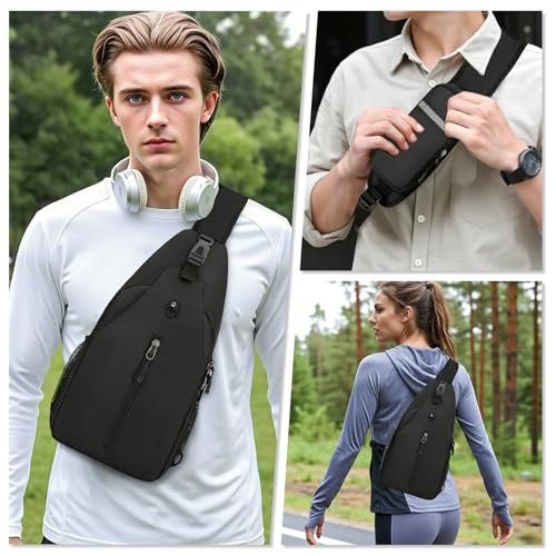 Aucuu Sling Rucksack, Brusttasche Sling Bag Klein, Schultertasche, Multipurpose Crossbody Bag, Crossbody Umhängetasche mit Kopfhörerloch, Schulterrucksack für Wandern Reisen Klettern Herren Damen