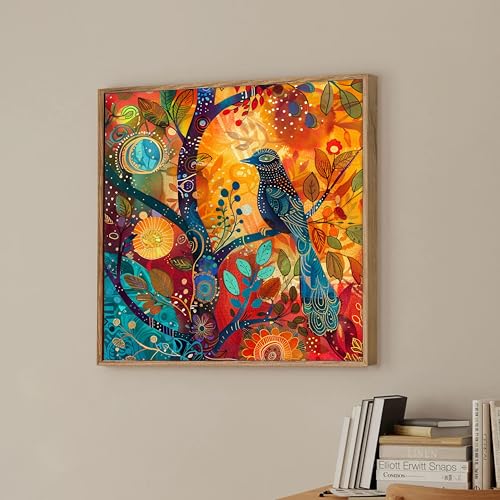 Image of PAINTINGMANTRA Large Framed Canvas Painting Abstract Birds In a Tree Wall Painting, Decorative Modern Paintings For Home, Living Room, Hotel Bedroom And Office Decor (Gold, Size 23x23 Inch)