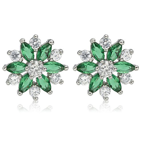 [RIZILIA SNOWFLAKE] Stud Pierced Earrings with Marquise Cut Gemstones CZ [Green Emerald] in 18K White Gold Plated, Simple Modern Elegance