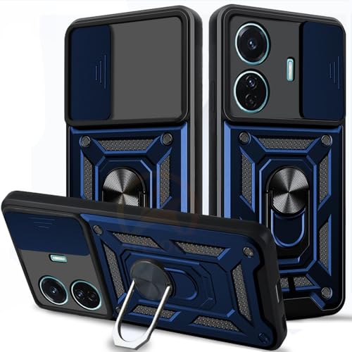 Image of Armor Bumper Back Cover Case for Vivo T1 Pro 5G / iQOO Z6 Pro 5G | Rotating Camera Cover, Ring Holder & Kickstand | Heavy Duty & 360 Degree Protection Back Cover (Blue)
