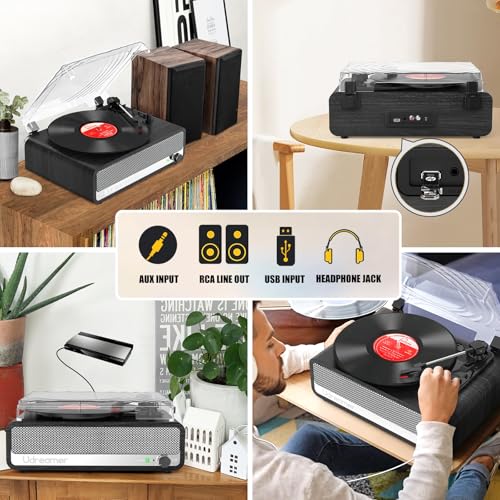 Image of Vinyl Record Player with Built-in Speakers,3 Speed Turntable with Bluetooth 5.3, AUX Input, Headphone Jack, RCA Output and Auto Stop, Mirror Vintage Wooden Black