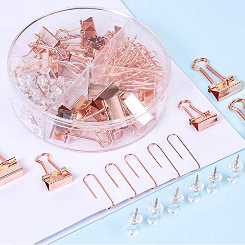 Push Pins, Paper Clips and Binder Clips Thumb Tacks Set Assorted Sizes with Holder Non-Skid for Office Home Desk Supplies, Metal 92 Count (Rose Gold)