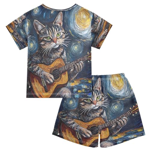 ALAZA Cat Playing Guitar Van Gogh Pajamas Set Short Sleeve Cotton Sleepwear Summer Pjs 2 Piece 5-14Y2