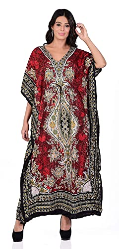 THREE EYE STORE Women's Kaftan Dress Beach Cover Up Tribal Ethnic Print Plus Size V-Neck Loose Kimono Maxi (Red Long), Red Lomg (Kaftan-$P)