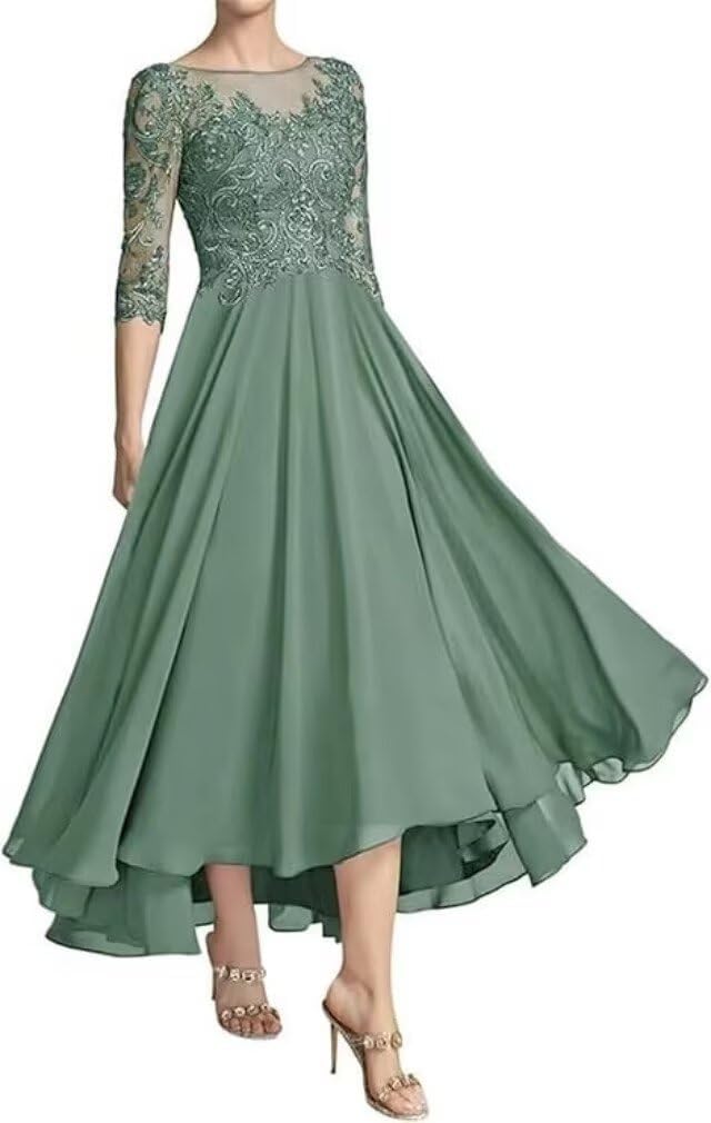 Mother of The Bride Dresses for Women Tea Length Lace Appliques 3/4 Sleeves Chiffon Formal Party Evening Gowns