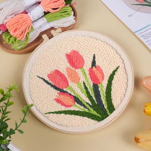 Image of KESTAR Punch Needle Embroidery Starter Kits, Pink Tulip Flower Punch Needle Kits for Adults Beginner, Needle Punch Kit Tool with Instruction Threader Fabric Yarns and Hoop
