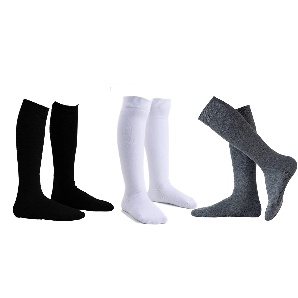 Marchare Calcetines hasta la rodilla para niñas, uniformes escolares, calcetines de algodón sin costuras, color blanco, negro y gris, paquete de 3/6