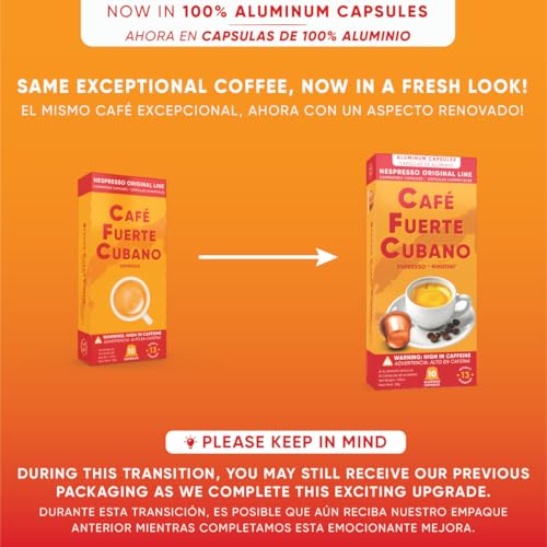 Café Fuerte Cubano, Aluminum Espresso Capsules, Compatible with Nespresso Original Machines, Dark Roast, Intensity 13, High Caffeine, Recyclable Coffee Pods, Roasted and Packaged in USA (40 Count)