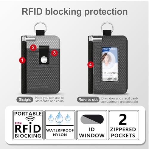 Image of Minimalist RFID Blocking Small Wallet with ID Window,WaterResistant Zip Id Case Wallet with Lanyard Keychain for Cards,Cash,Travel,Women,Men (DardGray /LightGray)