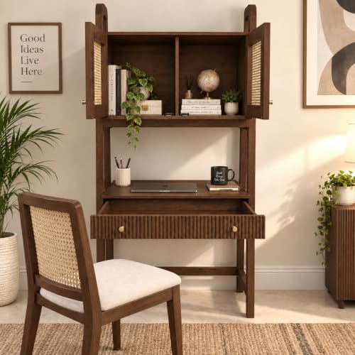 Image of The Attic Regent Study Table, Computer Table, Table for Students, Office Table, Computer Table for Home, Solid Mango Wood Cane Table, Light Teak Finish