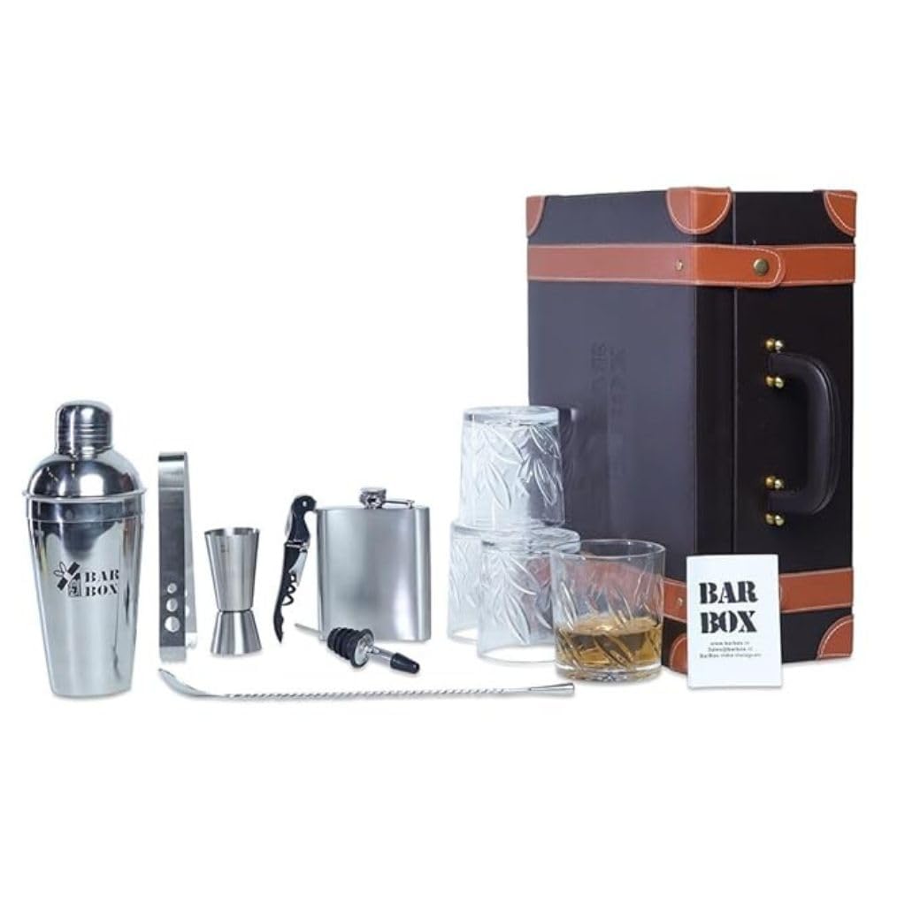 Bar Box Portable Leatherette Bar kit 4 Whiskey Glasses Bartending Kit, Cocktail Shaker Mixer Tools, Accessories for Drinks, Gift for Men, Whiskey Lovers, Dad, Wedding Couples, Birthday, Anniversary