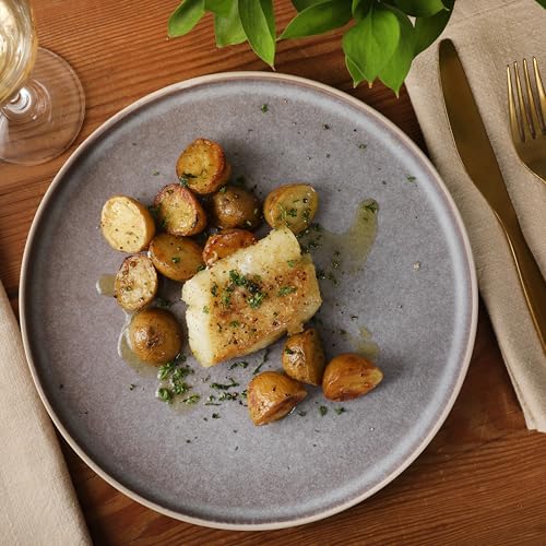 Image of Gibson Elite Coastal Forest Plates and Bowls Sets, 12-Piece Stoneware Dinnerware Sets, Triple Reactive Glaze Dish Set - Light Grey and Cream White