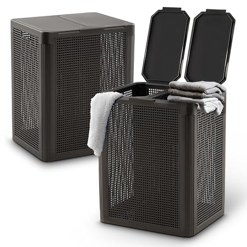 My Happy Home Laundry Hamper with 2 Lids – 84L Large Double Laundry Basket with Handles & Compartments – Dirty Clothes Hamper with Breathable Holes – Durable & Foldable – Anthracite