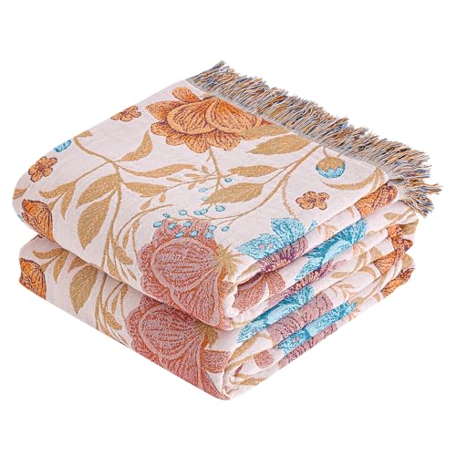 Image of VANJOROY Boho Throw Blanket, 100% Organic Cotton Breathable Ultra Soft 80 inch x 90 inch Bed Quilt Throw - All Season Floral Rustic Farmhouse Decor Luxury Reversible Blanket for Sofa Couch Chair and Gift