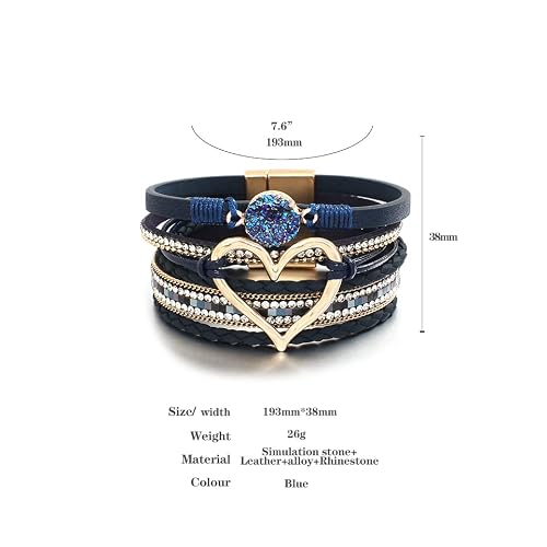 Hotoo Leather Wrap Bracelet For Women Blue Beaded Cuff Bracelet With Heart-Shape Decor Bohemian Crystal Bracelet Jewelry With Clasp Bangle Bracelet For Women Girls Birthday Holiday Gift #TOP1