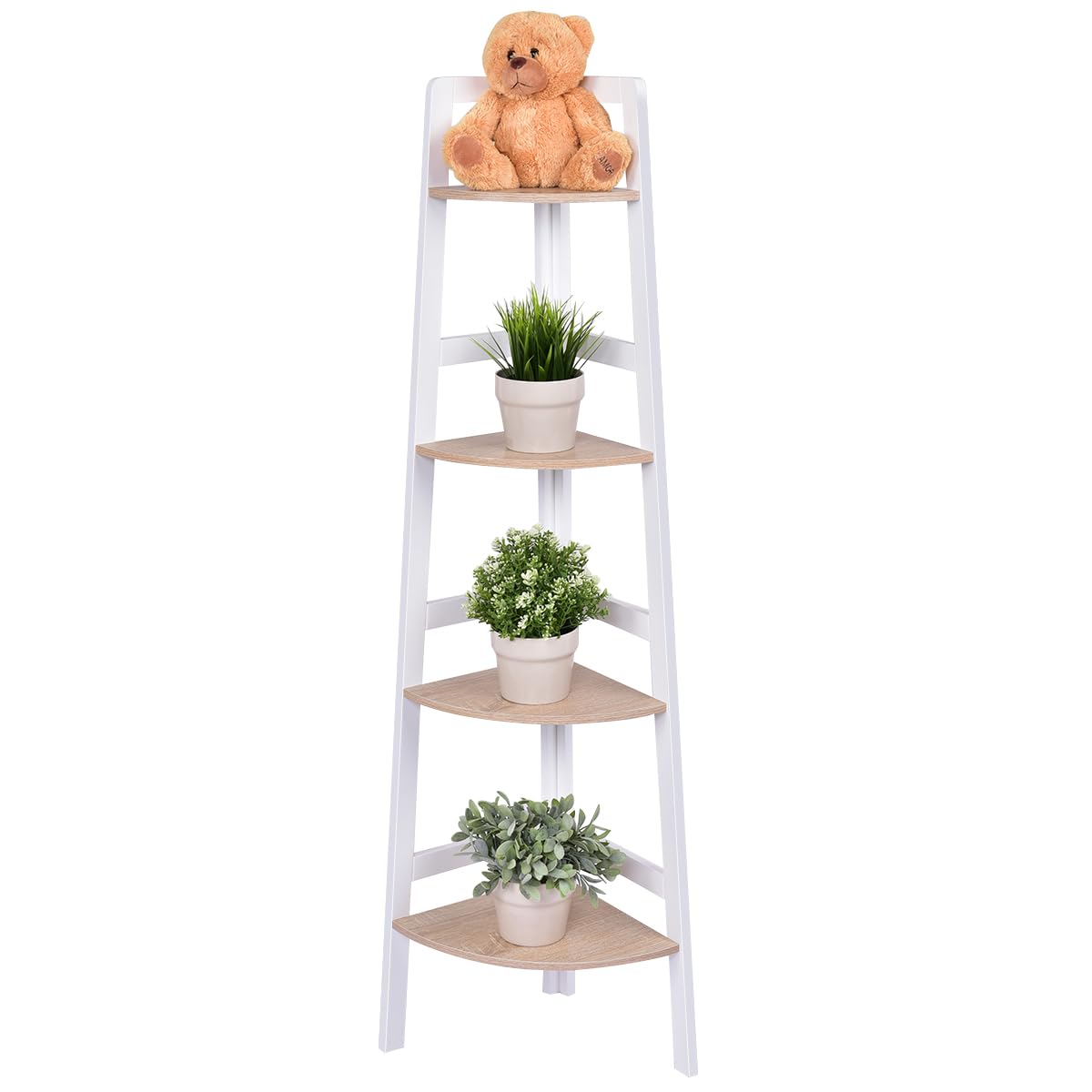 HOMASIS Scaffale angolare aperto a 4 livelli, decorativo in legno, in piedi per soggiorno, bagno, balcone, stoccaggio per piante, bianco e naturale