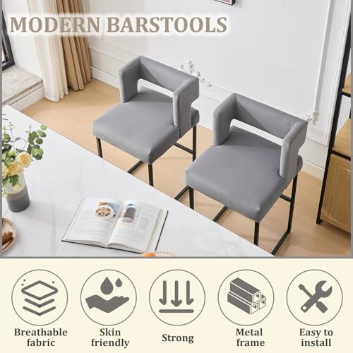 Image of 26 inch H Velvet Bar Stools Set of 6, Counter Height Bar Seats with Square Back, Modern Upholstered Armless Barstools with Metal Black Legs for Kitchen Island Dining Room Bar, Grey