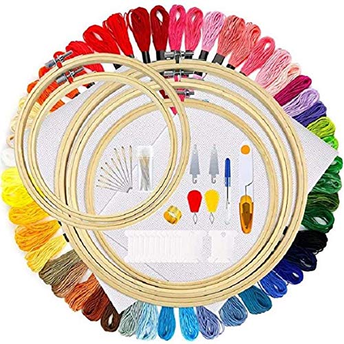 Alipia, Complete Full Range Embroidery Starter Set - Instructions Included. 5 Pieces Bamboo Embroidery Hoops, 50 Color Floss - Threads, 2 Pieces Aida Cloth, Cross-Stitch Tools Kit for Beginners.