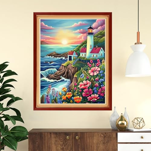 Image of Funchey Stamped Cross Stitch Kits, DIY Cross Stitch Pattern for Adults Beginners Needlepoint Kits Embroidery Kit Arts and Crafts 11CT-Sunrise Seaside Lighthouse 16x20 inchs