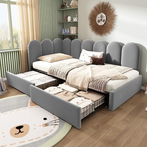 SCHGKOY Cama tapizada, sofá cama 90 x 200 cm, cama de invitados, con cajones, con somier, cama infantil, cama individual, terciopelo, gris
