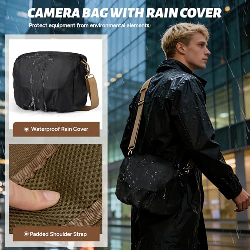 Image of RAINSMORE Camera Bag, Vintage Canvas Camera Sling Bag Crossbody Camera Case | Water-resistant DSLR SLR Mirrorless Camera Bag for Photographer with Rain Cover & Tripod Holder for Sony Canon Nikon Fujifilm