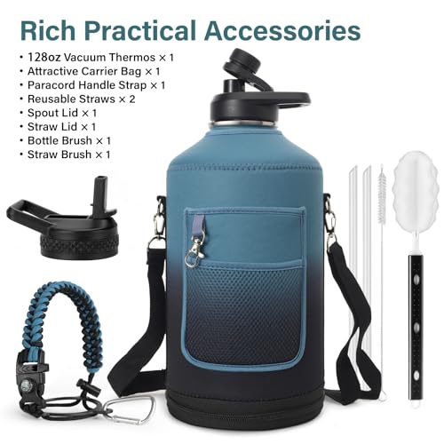 1 Gallon Insulated Water Bottle | Upgraded Thickened Stainless Steel Metal Portable Sports Large Water Jug for Gym and Hiking with Carrier Bag, Handle Strap | BPA-Free 128 oz