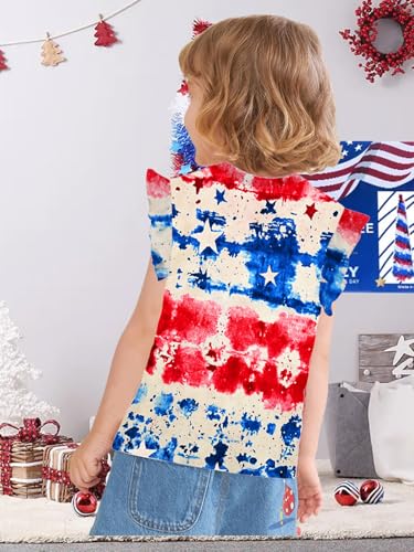 Image of Toddler Girls July 4th Shirts American Flag Ruffle Short Sleeve Patriotic Red White Blue Star Outfits Blouse Tops
