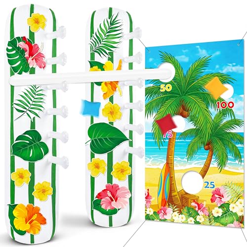 2 Sets Hawaiian Luau Party Decorations Inflatable Limbo Games Bean Bag Toss Banner Set for Birthday Beach Pool Supplies Summer Fun Activities Outdoor Festival