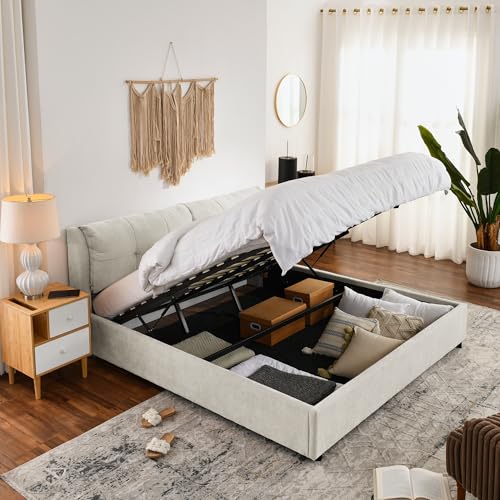 Bavendra Storage Bed Frame with Hydraulic Lift, Upholstered Platform Bed with Large Hidden Storage, Chenille Fabric Headboard, No Box Spring Needed (Beige, King (U.S. Standard))