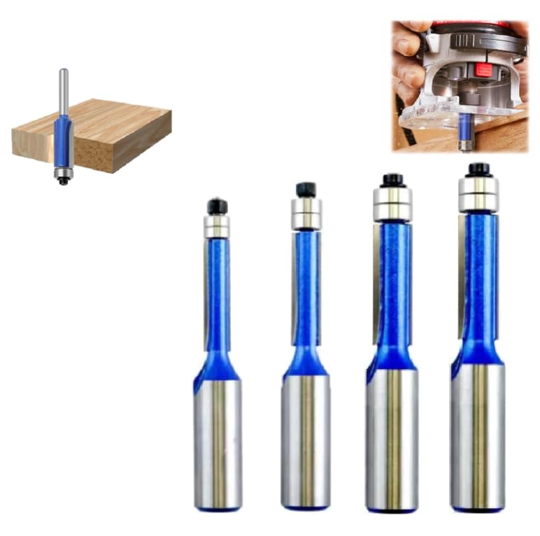 Biaxial Trimming Tool, 4pcs Shank Flush Trim Router Bit Set,Industrial Grade Cutting Tools for Woodworking, Self Centering Drill Bit, Router Templates for Trim Shelf Edging Drawer (1set 1/2)