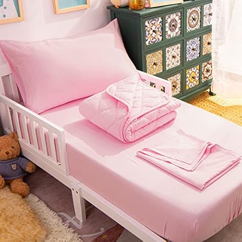 NTBAY Toddler Bedding Set - 4 Piece Crib Bedding Set, Pink Cover