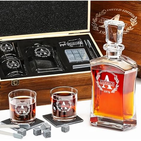 Personalized Whiskey Decanter and Stones Set - Customized Gift for Him - Men, Dad, Father - Engraved Old Fashioned Decanter, Glasses, 9 Granite Stones in Container, Coasters, Tongs in Wooden Gift Box Cover