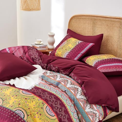 Image of Wake In Cloud - Boho Comforter Set, Bohemian Chic Colorful Medallion with Geometric Botanical Flowers and Horizontal Stripes, Soft Lightweight Bedding, 3 Pieces, Burgundy, King Size