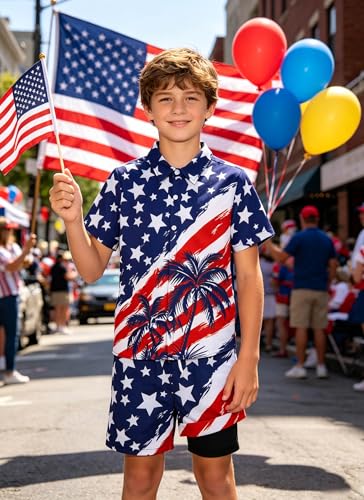 Image of UNICOMIDEA Boys 4th of July Outfits Kids Patriotic Independence Day Tropical Short Sets for 5-12 Years