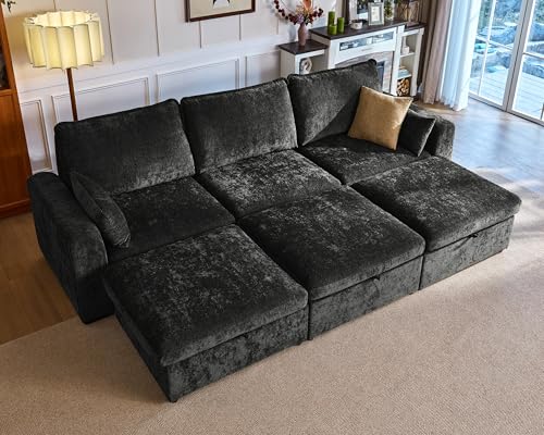 Image of 124.8'' Oversized Modular Sofa Comfy Cloud Couch with Storage, Deep Convertible Sectional Sleeper Sofa Bed for Living Room, Covers Washable, 6-Seater with 3 Ottomans, Chenille, Black