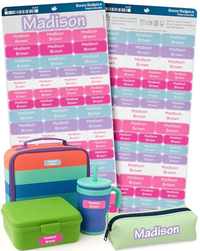 Bunny Badges Personalized Daycare Name Labels for Kids (120 Labels) Custom Label for Clothing Tag - Waterproof Name Stickers for Clothing Tags Bottles Backpacks and School Supplies (Sorbet)