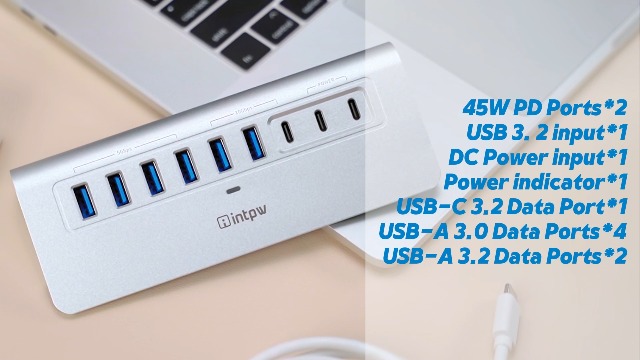 Intpw Powered USB 3.2 Hub, 10 Port USB Adapter With 10Gbps High-Speed