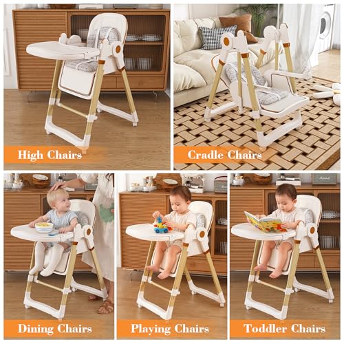Image of Foldable High Chair for Toddlers with Removable Double Tray & Storage Basket, 5 Height Levels Baby Eating Chair,3 Recline & Footrest Positions, Lockable Wheels,Easy Clean Feeding Chair (White)