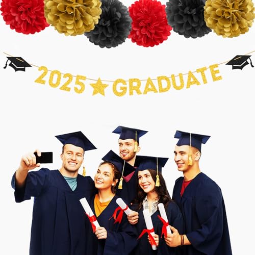 Image of Red Black-Gold Party-Decoration Graduation Banner - 8pcs Kits Cap Garland Streamers, Paper Tissue Pom Poms Flowers, 2025 Craduate Banner Congratulations Grad Decor Lasting Surprise