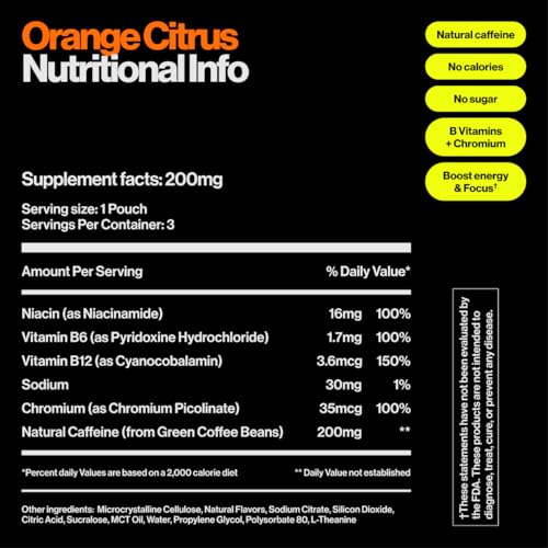 Image of Wip Energy Pouches, Travel Packs, Sugar Free, 200mg Natural Caffeine, B Vitamins, Minerals, L-Theanine for Energy Support, Orange Citrus, 12 Packs 3 Pouches Each
