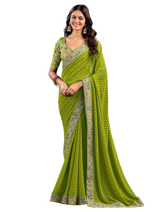 Women's Georgette Bandhani Printed Embroidery Saree With Unstitched Blouse Piece-image-40