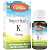 Carlson - Super Daily K2, 45 mcg Liquid Vitamin K, Bone Health, K2 Vitamin, Vitamin K Supplement, Vitamin K-2 MK7, Unflavored, 360 Drops 10.16 mL