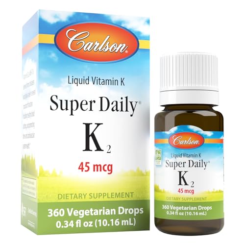 Carlson - Super Daily K2, 45 mcg Liquid Vitamin K, Bone Health, K2 Vitamin, Vitamin K Supplement, Vitamin K-2 MK7, Unflavored, 360 Drops (10.16 mL)