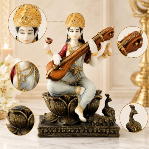 Image of ARMONIA Saraswati Devi Idol with Veena 7.8 Inch Home Decor |Polystone Figurine Marble Looks|Maa Saraswati Murti for Pooja,Mandir,Showpiece & Gifting Item|Best Religious Gift for Wedding & Housewarming