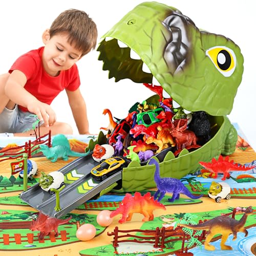 Dinosaur Toys for Kids 77PCS Dinosaur Carrier Track Toys Realistic Dino Figures Set with Eggs&Trees&Fence Playset Great Gift for Toddler Boys & Girls Light Green
