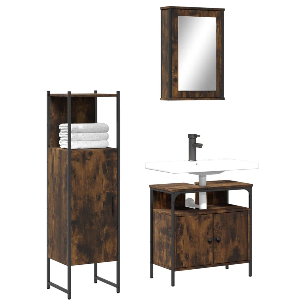 Set di 3 mobili da bagno con armadietto a specchio, effetto rovere