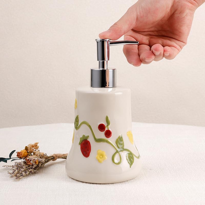 Juego de Accesorios de baño de cerámica de 4 Piezas con dispensador de jabón de Fresa, dispensador de jabón de Manos, Vaso, Soporte para Cepillo de Dientes y jabonera para decoración