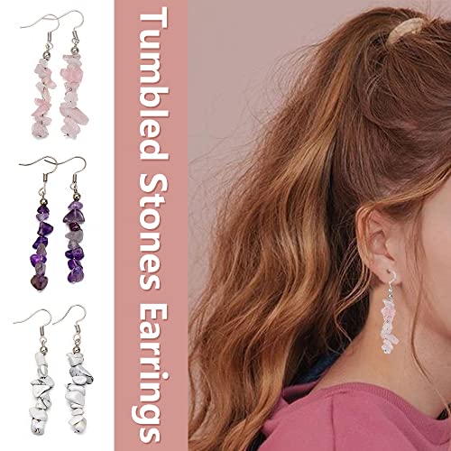 Wainis 8 Pairs Natural Tumbled Stone Dangle Earrings For Women Colorful Crystal Dangle Drop Hook Earrings Chakra Healing Gemstone Chip Earrings Set #TOP3