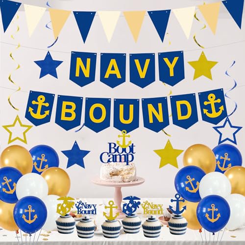 Image of Holkcog Navy Party Decorations, Blue White Military Themd Banner, Farewell Party Welcome Ceremony, Navy Bound Themed Cupcake Decorations, Boot Camp Bound Cupcake Topper Supply